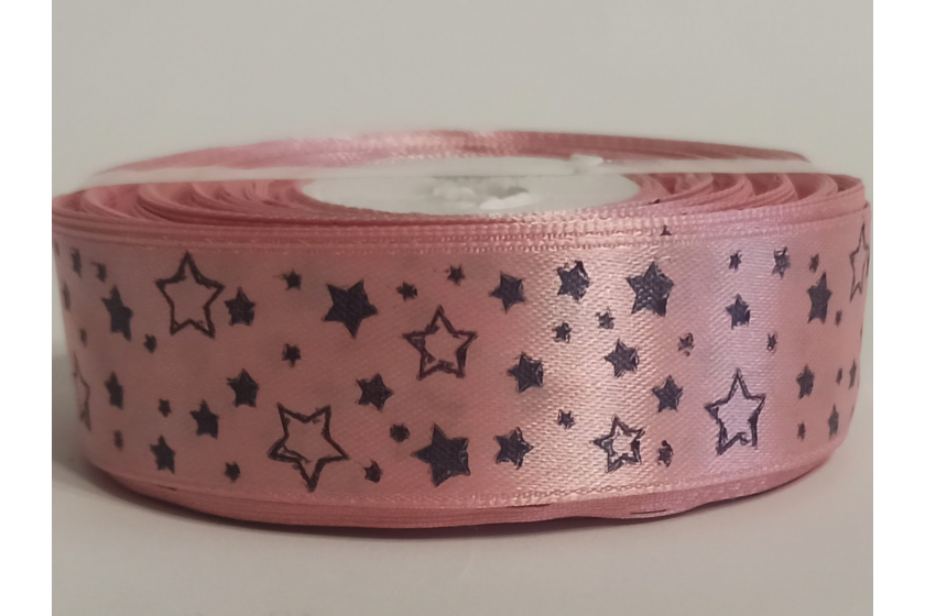 Атласна стрічка 2,5 см, з малюнком, Зірочка, на пудровому