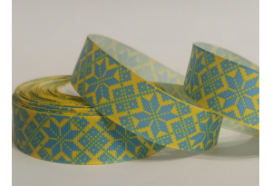 Репсова стрічка 2.5 см укр. стиль, Зірка восьмипроменева, блакитна на жовтому
