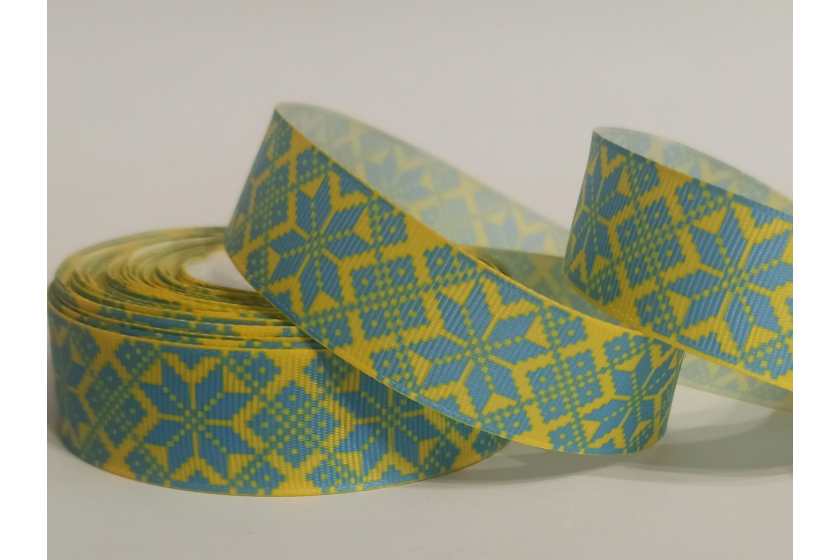 Репсова стрічка 2.5 см укр. стиль, Зірка восьмипроменева, блакитна на жовтому