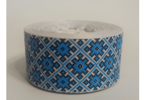 Репсова стрічка 4 см укр. стиль, Орнамент ромб, синій