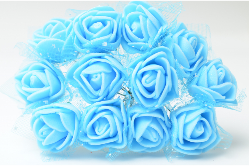 Квіти Троянда з фатином 2 см, блакитна, в пучку 12 квіточок