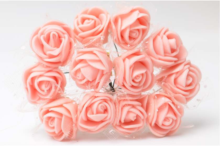 Квіти Троянда з фатином 2 см, персикова, в пучку 12 квіточок