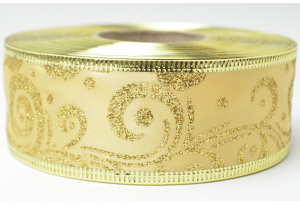 Стрічка новорічна 3.8 см, з малюнком Завірюха із жорстким краєм, золото на золотому