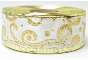 Стрічка новорічна 3.8 см, з малюнком Завірюха із жорстким краєм, золото на білому