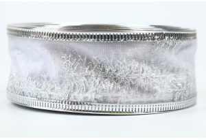 Лента новогодняя 3.8 см, с рисунком Елочка из органзы с жестким краем, серебро
