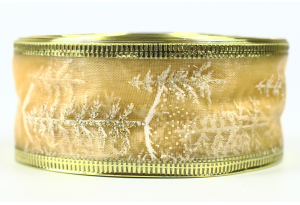 Лента новогодняя 3.8 см, с рисунком Елочка из органзы с жестким краем, золото