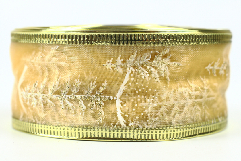 Стрічка новорічна 3.8 см, з малюнком із органзи Ялинка із жорстким краєм, золото