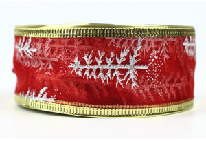 Лента новогодняя 3.8 см, с рисунком Елочка из органзы с жестким краем, красная