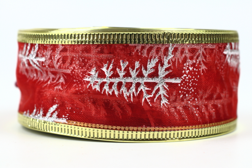 Стрічка новорічна 3.8 см, з малюнком із органзи Ялинка із жорстким краєм, червона