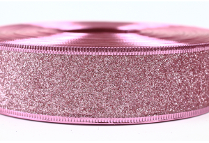 Лента новогодняя 3.8 см, однотонная с люриксом и жестким краем, розовая