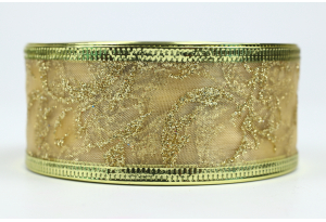 Лента новогодняя 3.8 см, с рисунком Вьюга из органзы с жестким краем, золото