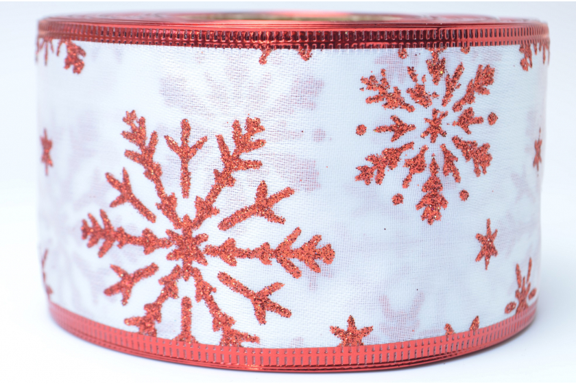 Стрічка новорічна 6.3 см, з малюнком Сніжинка із жорстким краєм, червона на білому