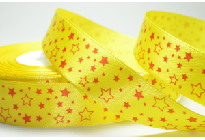 Атласна стрічка 2,5 см, з малюнком, Зірочка, на жовтому