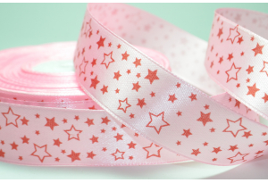 Атласна стрічка 2,5 см, з малюнком, Зірочка, на рожевому