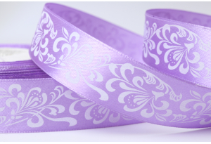 Атласна стрічка 2,5 см, з малюнком, Орнамент, бузкова