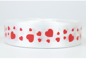 Атласна стрічка 2,5 см, з малюнком, Сердечки, біла