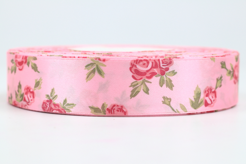 Атласна стрічка 2,5 см, з малюнком, Троянда, рожево-малинова