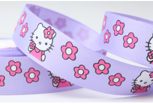 Репсова стрічка 2.5 см мультяшна, Hello Kitty Sweet з квітами, бузкова