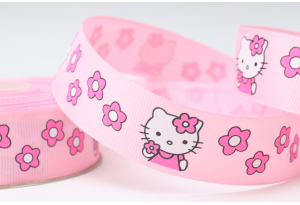 Репсова стрічка 2.5 см мультяшна, Hello Kitty Sweet з квітами, рожева