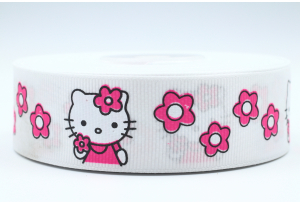 Репсова стрічка 2.5 см мультяшна, Hello Kitty Sweet з квітами, біла