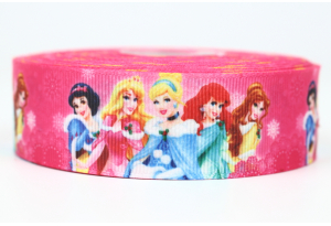 Репсова стрічка 2.5 см мультяшна, Принцеси, малинова