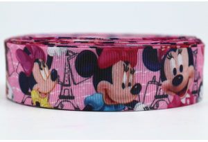 Репсова стрічка 2.5 см мультяшна, Париж - Міккі та Мінні, темно-рожева