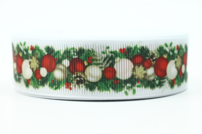 Репсова стрічка 2.5 см новорічна, Гірлянда ялинка з червоними і білими прикрасами