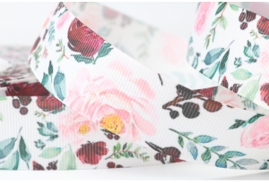 Репсова стрічка 2.5 см з малюнком квіти, троянди з гілочками