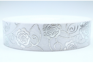 Репсова стрічка 2.5 см з малюнком квіти, срібні троянди, біла