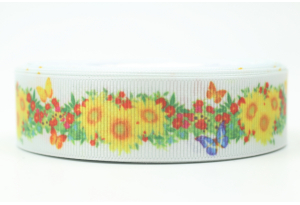 Репсова стрічка 2.5 см з малюнком квіти, вінок із соняшником і метеликами