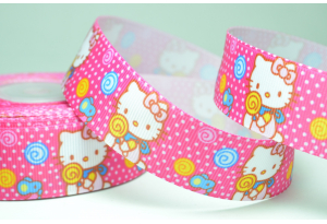 Репсова стрічка 2.5 см мультяшна, Hello Kitty Sweet з цукеркою, малинова в горох