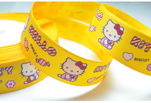 Репсова стрічка 2.5 см мультяшна, Hello Kitty Sweet з цукеркою, жовта