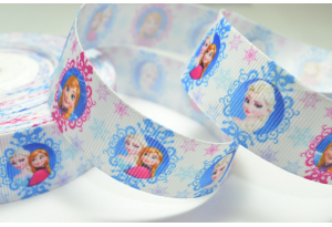 Репсова стрічка 2.5 см мультяшна, Ельза і Анна в фігурних рамах, біла