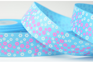 Репсова стрічка 2.5 см з малюнком квіти, квіткове поле, бірюзова