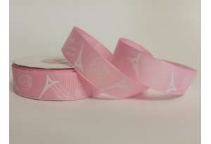 Репсова стрічка 2.5 см з малюнком, Ейфелева вежа, світло-рожева