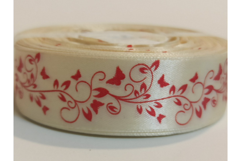 Атласна стрічка 2,5 см, з малюнком, орнамент Метелик, кремова