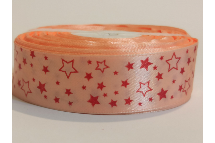 Атласна стрічка 2,5 см, з малюнком, Зірочка, на персиковому