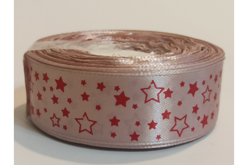 Атласна стрічка 2,5 см, з малюнком, Зірочка, на пудровому