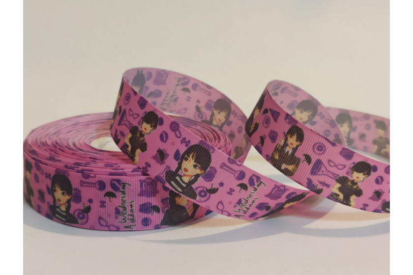 Репсова стрічка 2.5 см мультяшна, Венздей, темно-лілова