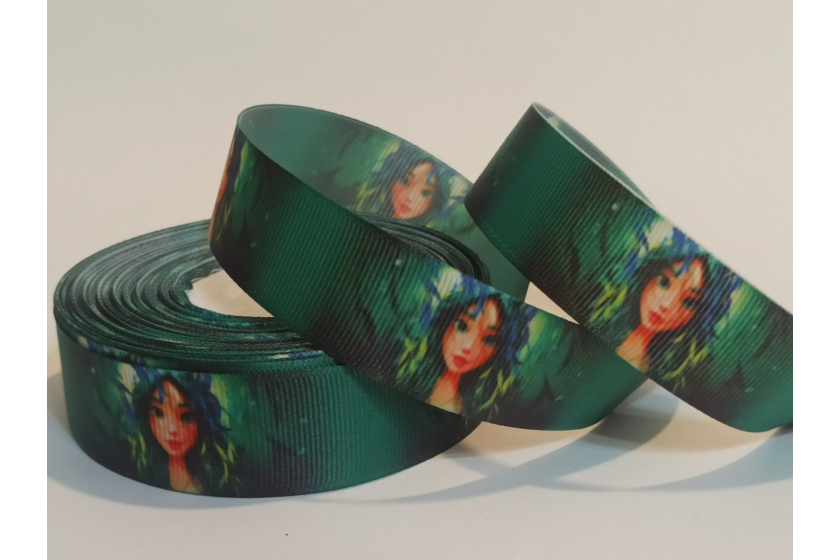 Репсова стрічка 2.5 см мультяшна, Лісова Мавка, смарагдова