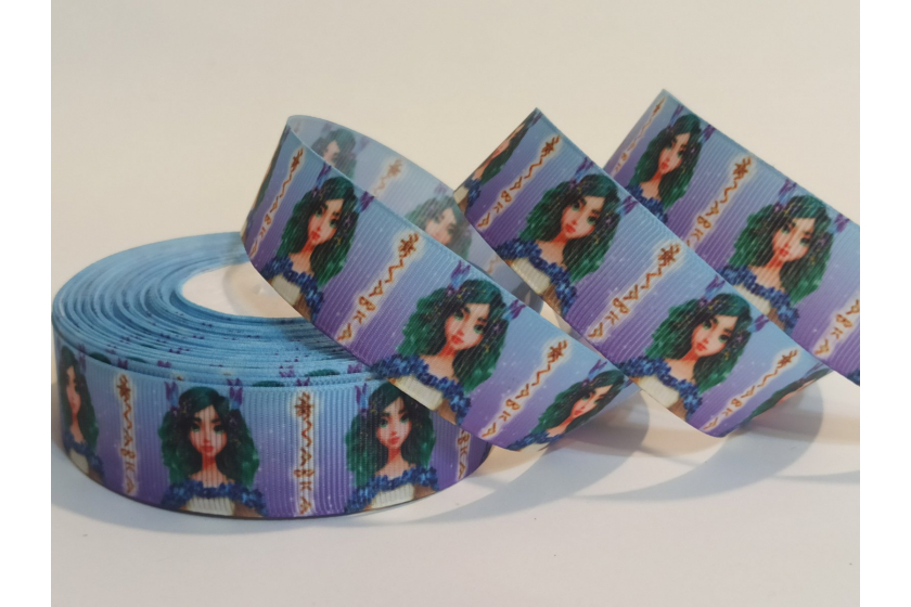 Репсова стрічка 2.5 см мультяшна, Лісова Мавка, блакитно-бузкова