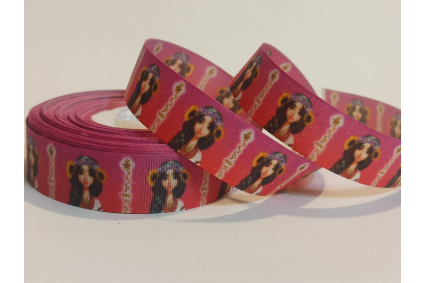 Репсова стрічка 2.5 см мультяшна, Лісова Мавка, малиново-червона