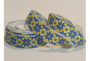 Репсова стрічка 2.5 см укр. стиль, Зірка восьмипроменева, синя на білому