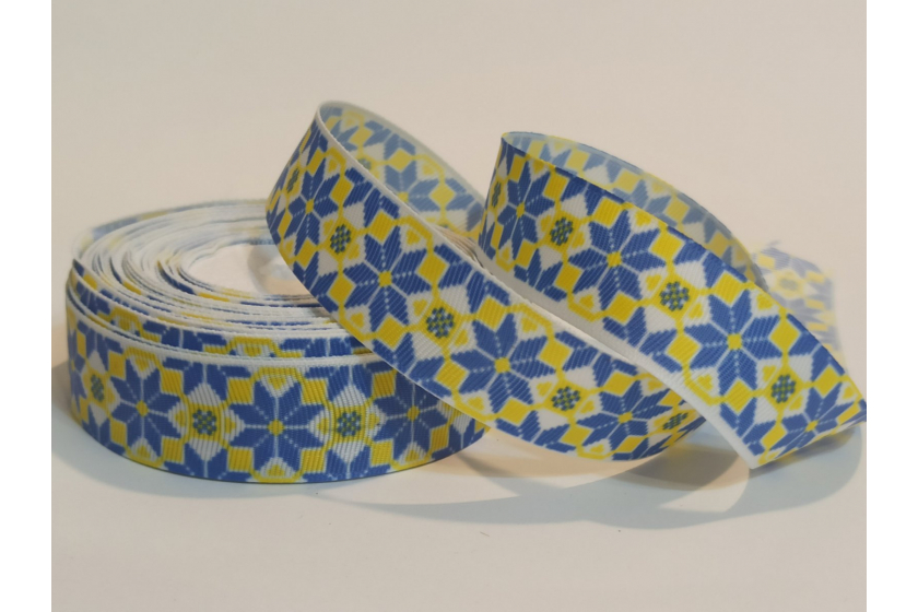 Репсова стрічка 2.5 см укр. стиль, Зірка восьмипроменева, синя на білому